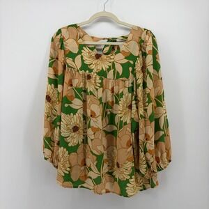 DR2 Womens XXL Green Tan Floral Blouse Square Neck Tie Back Balloon Sleeve Top